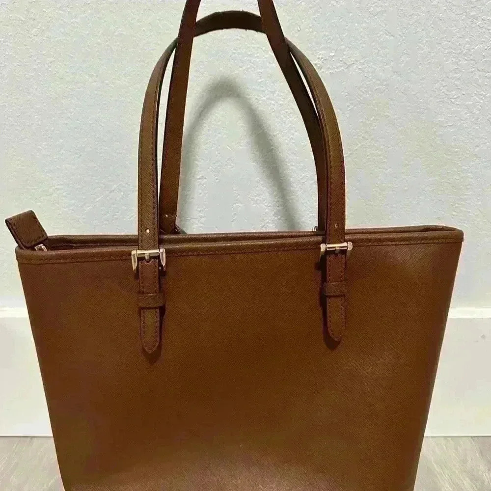 Michael Kors Tote Bag Brown Leather Shoulder Bag MK Charm Gold Hardware - Picture 12 of 14